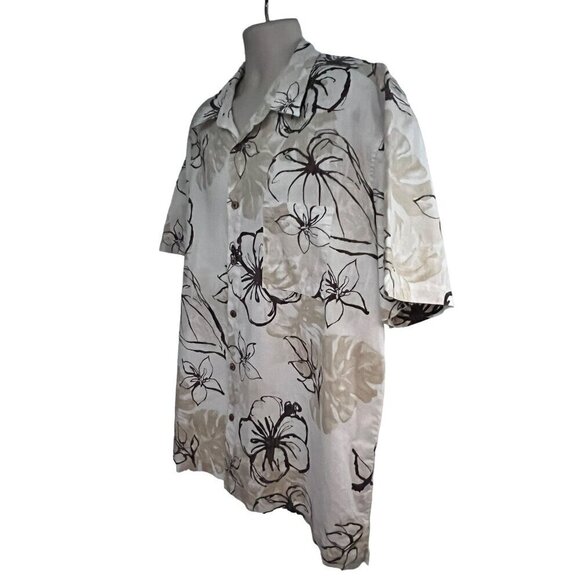 Mens Vintage Hawaiian Floral Beige Brown Linen Button Up Camp Shirt 2XL Pocket - Picture 3 of 7